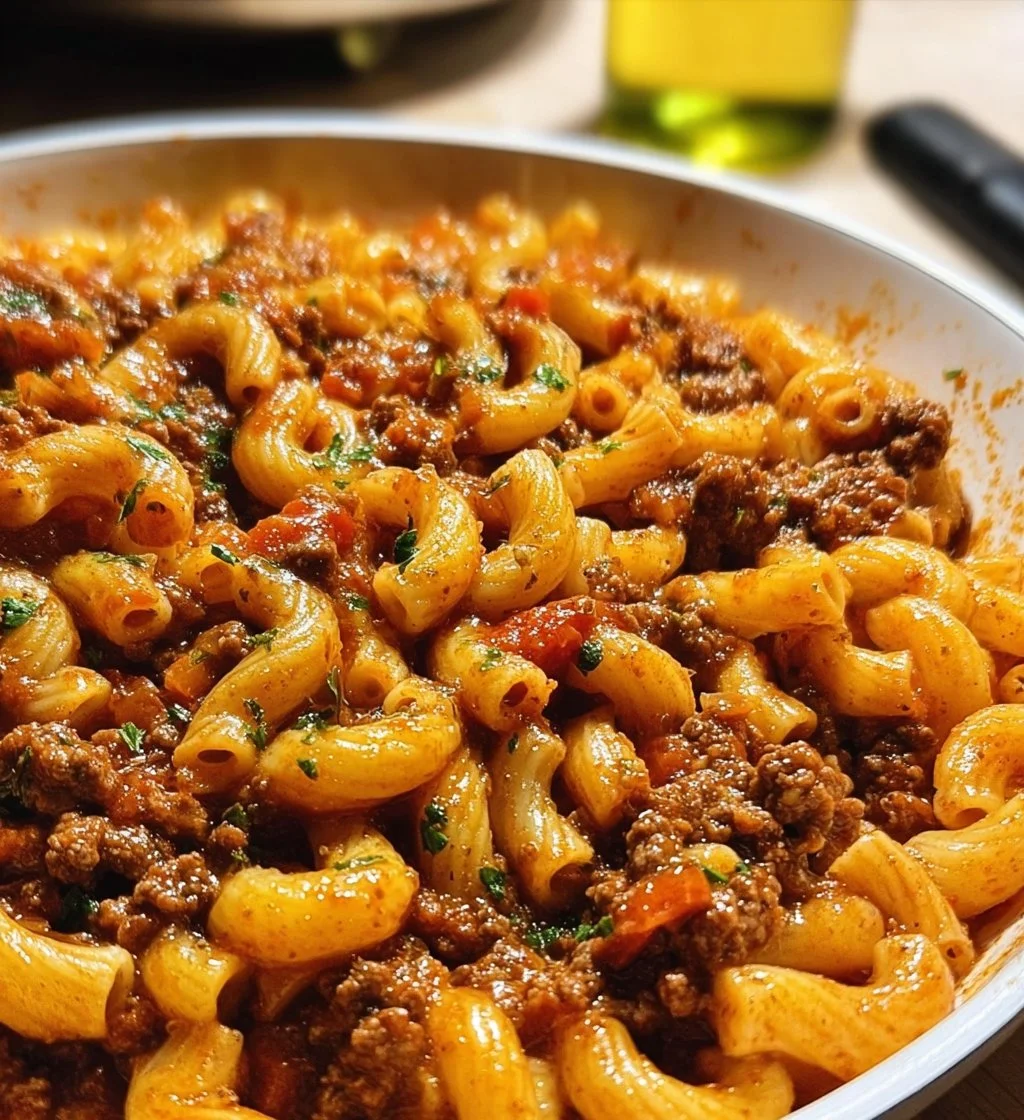 Hearty bowl of comforting Beefaroni served with fresh herbs