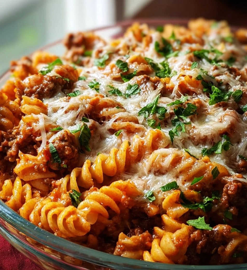 Delicious ground beef pasta bake topped with cheese and herbs in a casserole dish.