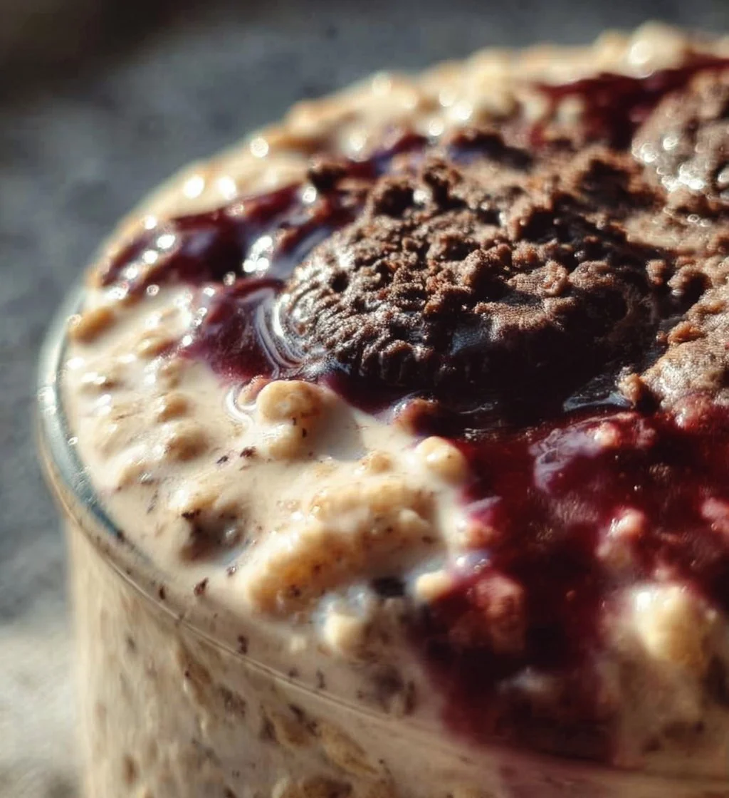 Bowl of Cookies and Cream Overnight Oats topped with chocolate chips and cream.