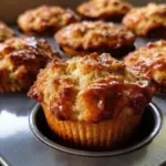 Cottage cheese banana muffins fresh out of the oven on a wooden table