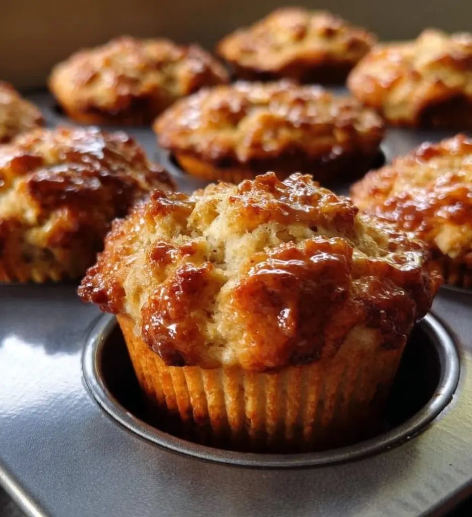 Cottage cheese banana muffins fresh out of the oven on a wooden table