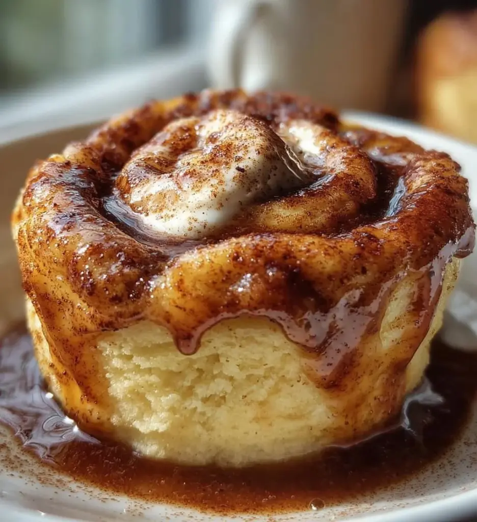 Cottage Cheese Cinnamon Roll Mug Cake served in a mug with cinnamon topping