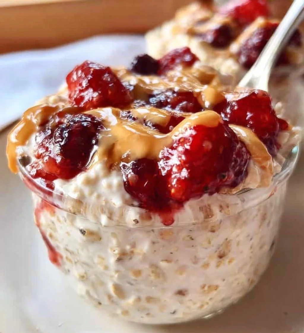 Bowl of cottage cheese overnight oats topped with fruits and nuts