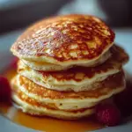 Fluffy cottage cheese pancakes stacked on a plate with syrup and fruit
