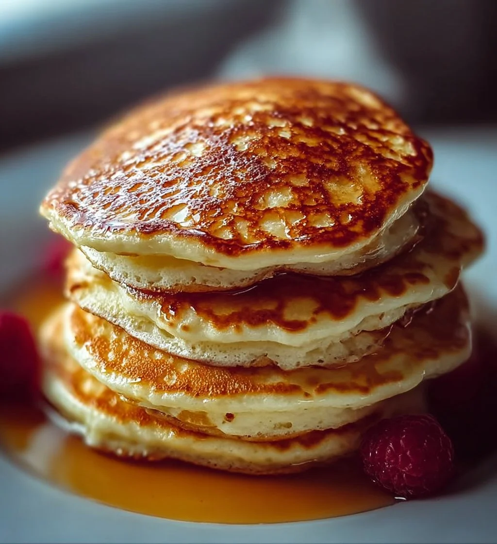 Fluffy cottage cheese pancakes stacked on a plate with syrup and fruit
