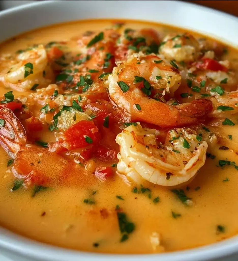 Creamy crab and shrimp seafood bisque served in a bowl