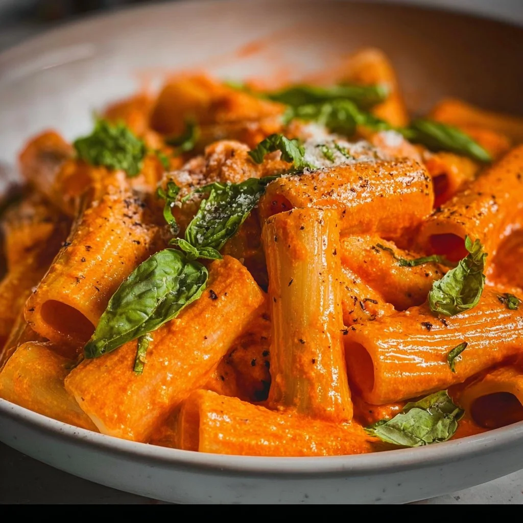 Creamy cottage cheese pasta served in a bowl with fresh herbs