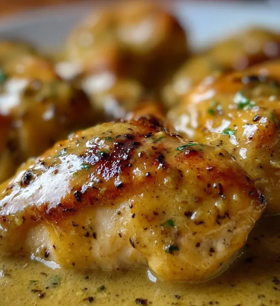 Creamy Dijon mustard chicken served with vegetables on a plate.