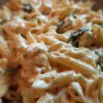 Bowl of creamy Greek yogurt pasta sauce garnished with herbs