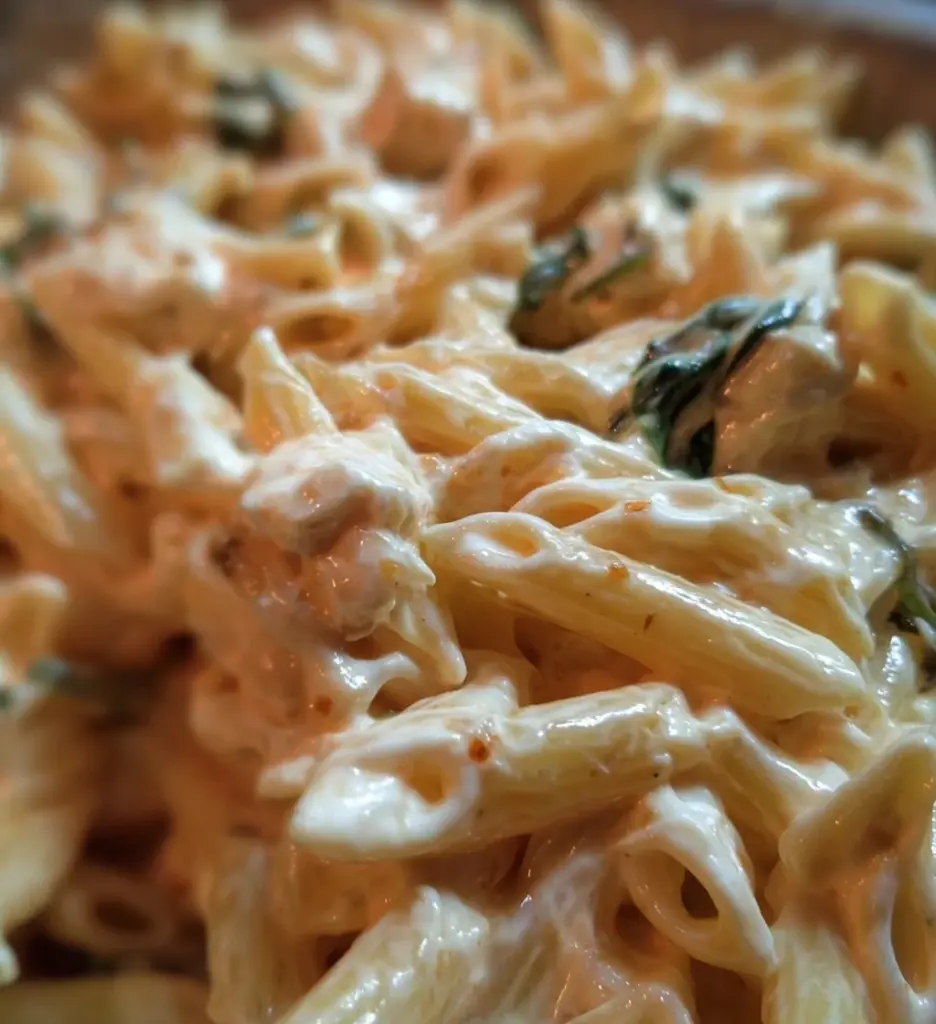Bowl of creamy Greek yogurt pasta sauce garnished with herbs