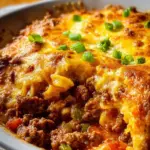 Creamy ground beef casserole with cream cheese baked and served in a dish