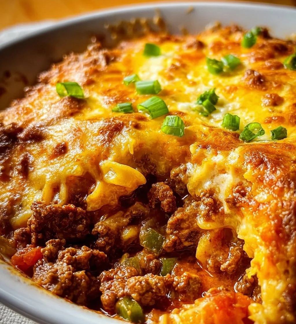 Creamy ground beef casserole with cream cheese baked and served in a dish
