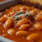 Creamy Parmesan Tomato and Cannellini Bean Soup in a bowl with herbs