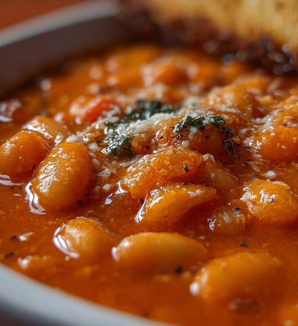 Creamy Parmesan Tomato and Cannellini Bean Soup in a bowl with herbs