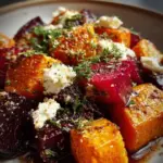 Creamy roasted beet salad with sweet potato and feta cheese