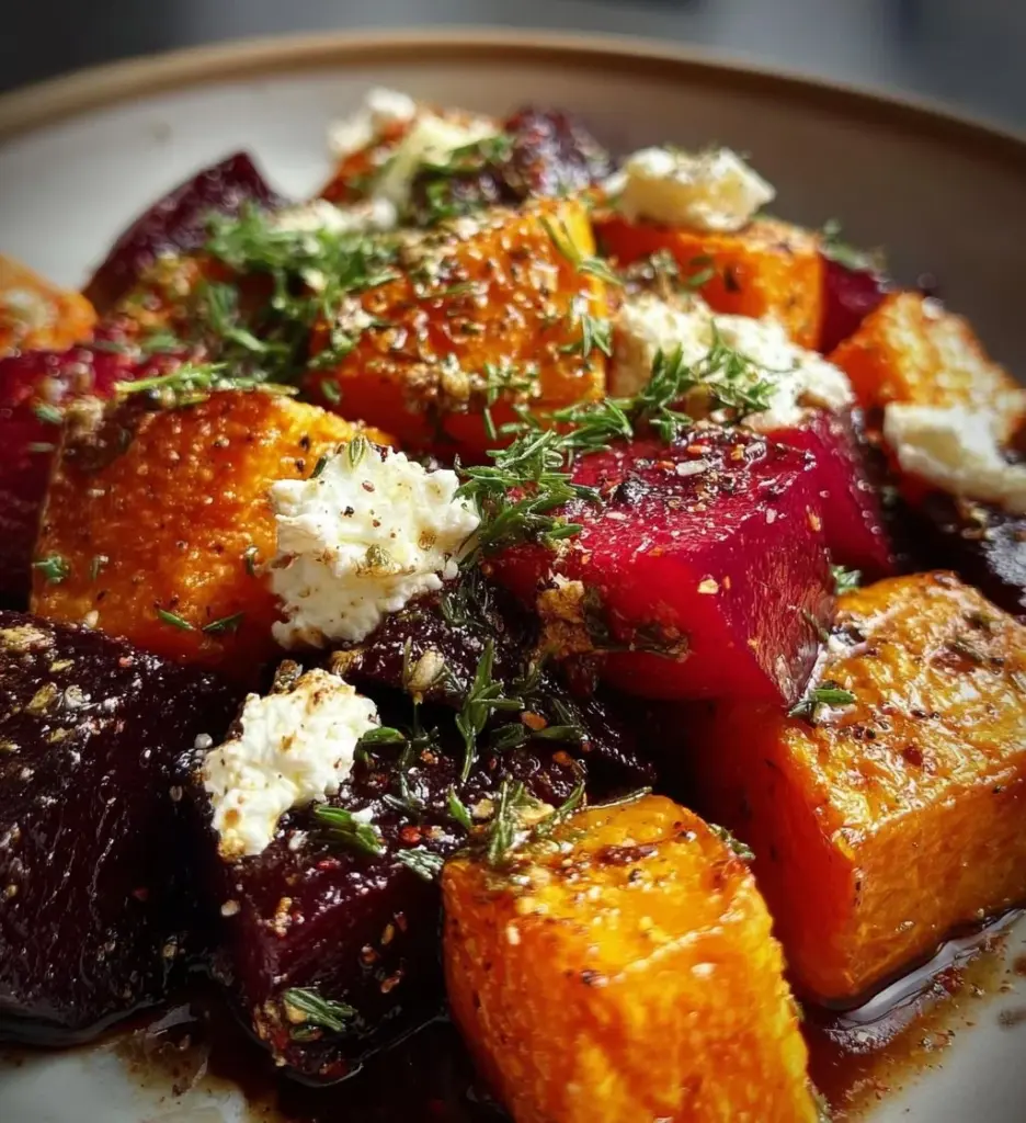Creamy roasted beet salad with sweet potato and feta cheese