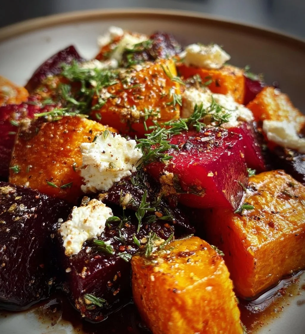 Creamy roasted beet salad with sweet potato and feta cheese