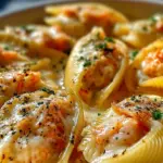 Creamy seafood stuffed shells with a rich filling on a white plate