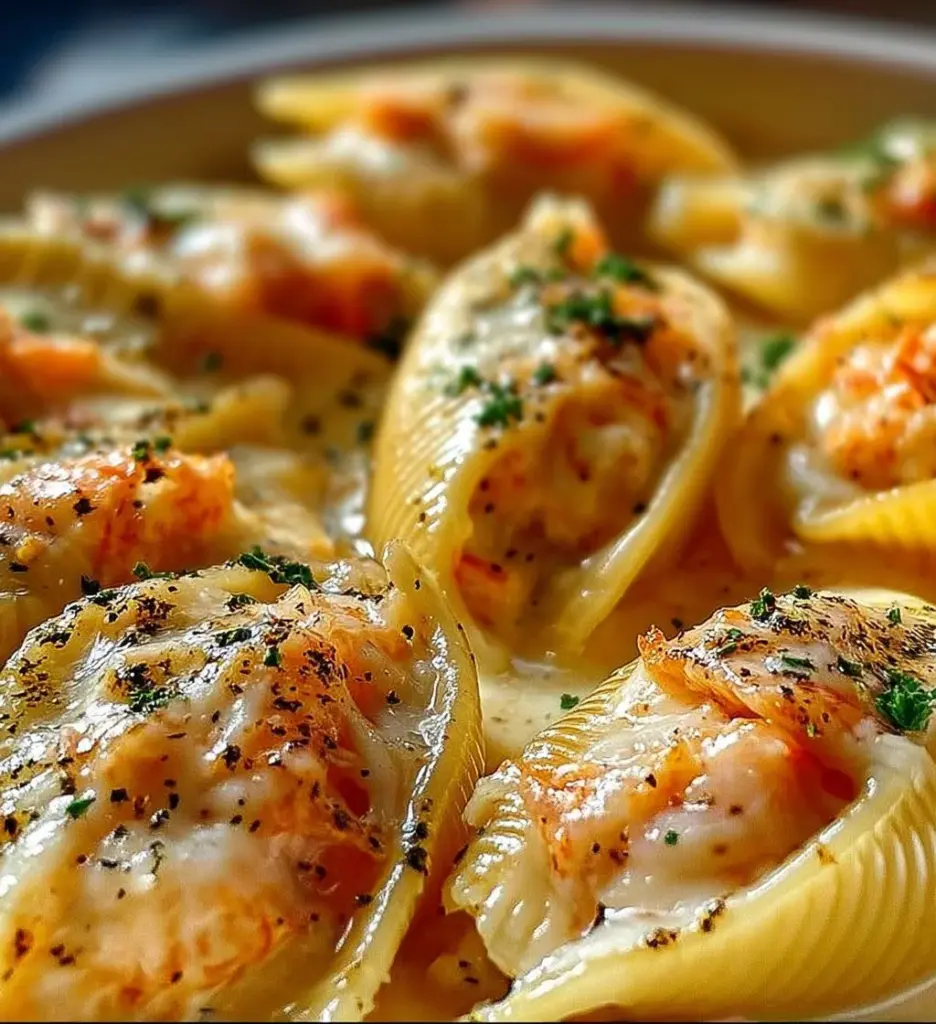 Creamy seafood stuffed shells with a rich filling on a white plate