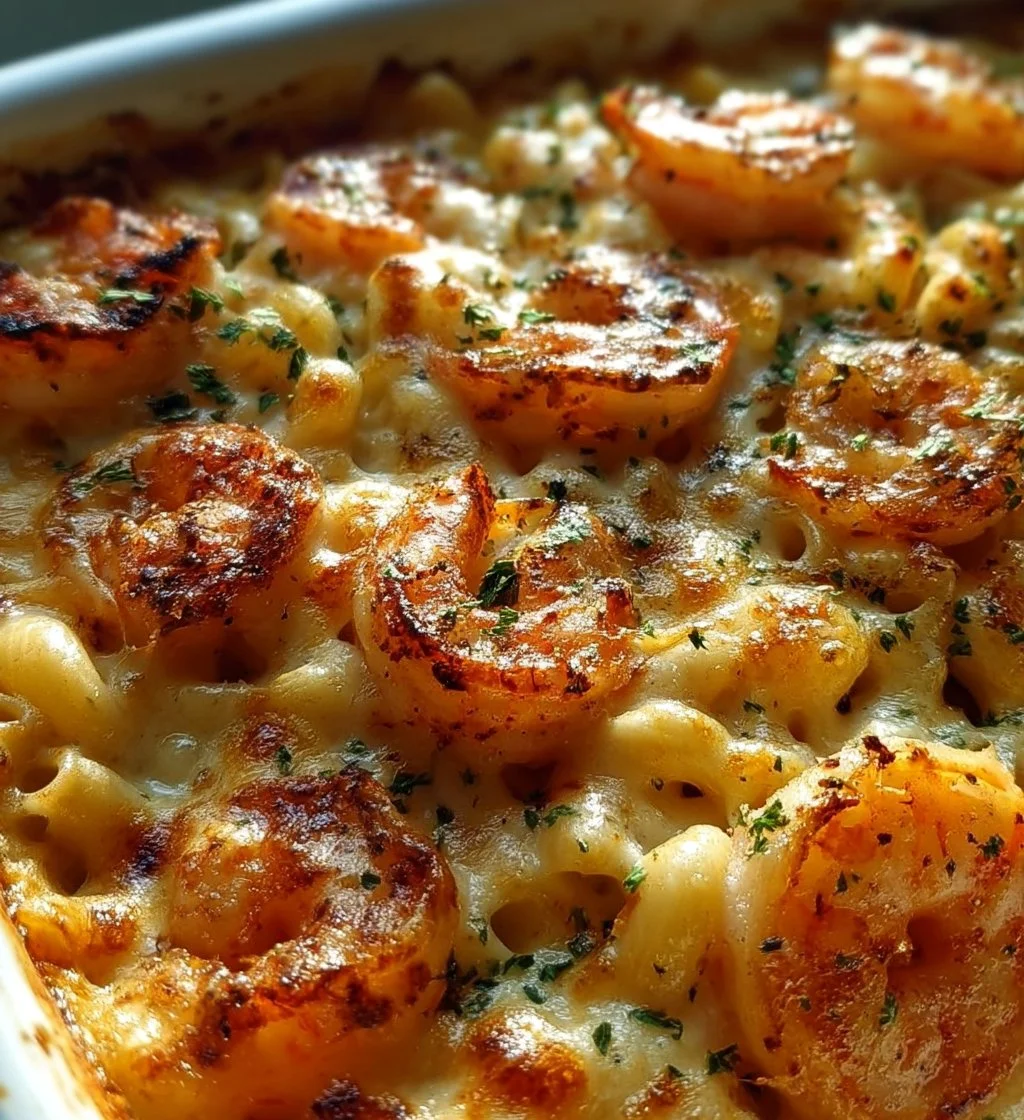 Creamy shrimp scampi pasta bake with herbs and cheese
