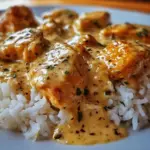 Delicious creamy smothered chicken served with rice on a plate