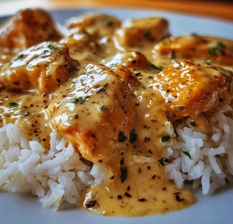 Delicious creamy smothered chicken served with rice on a plate