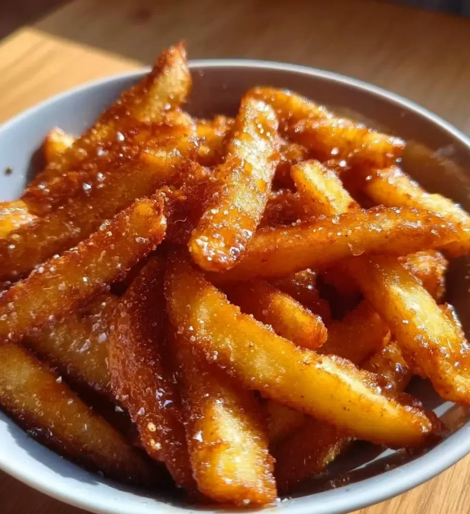 Crispy air fryer apple fries served in a bowl with a dipping sauce