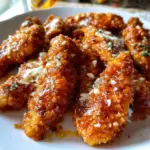 Crispy air fryer honey buffalo chicken tenders served with dipping sauce