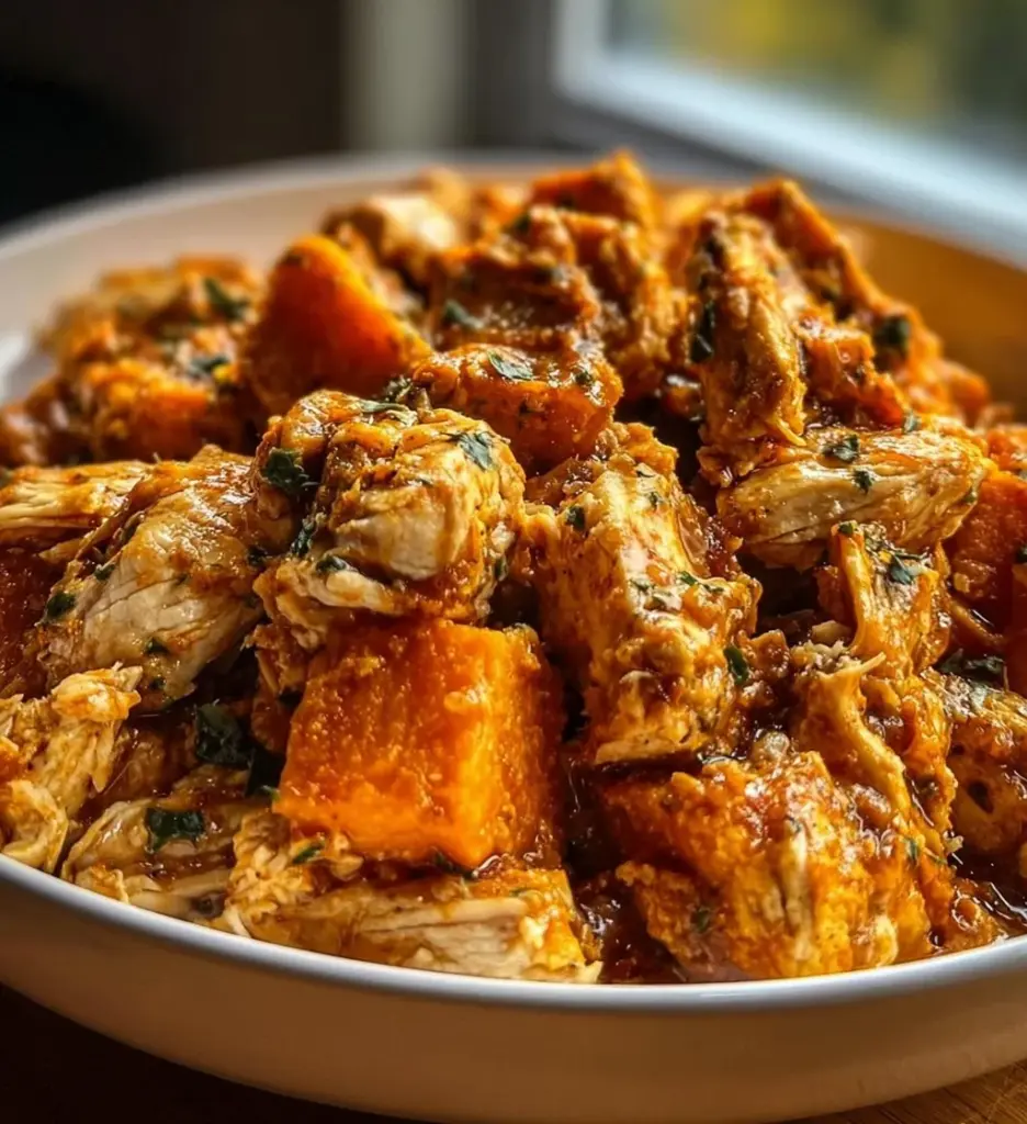Crockpot Chicken with Sweet Potatoes cooking in a slow cooker