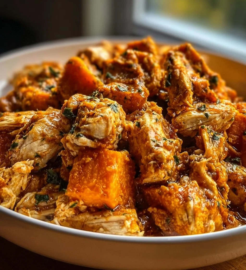 Crockpot Chicken with Sweet Potatoes cooking in a slow cooker