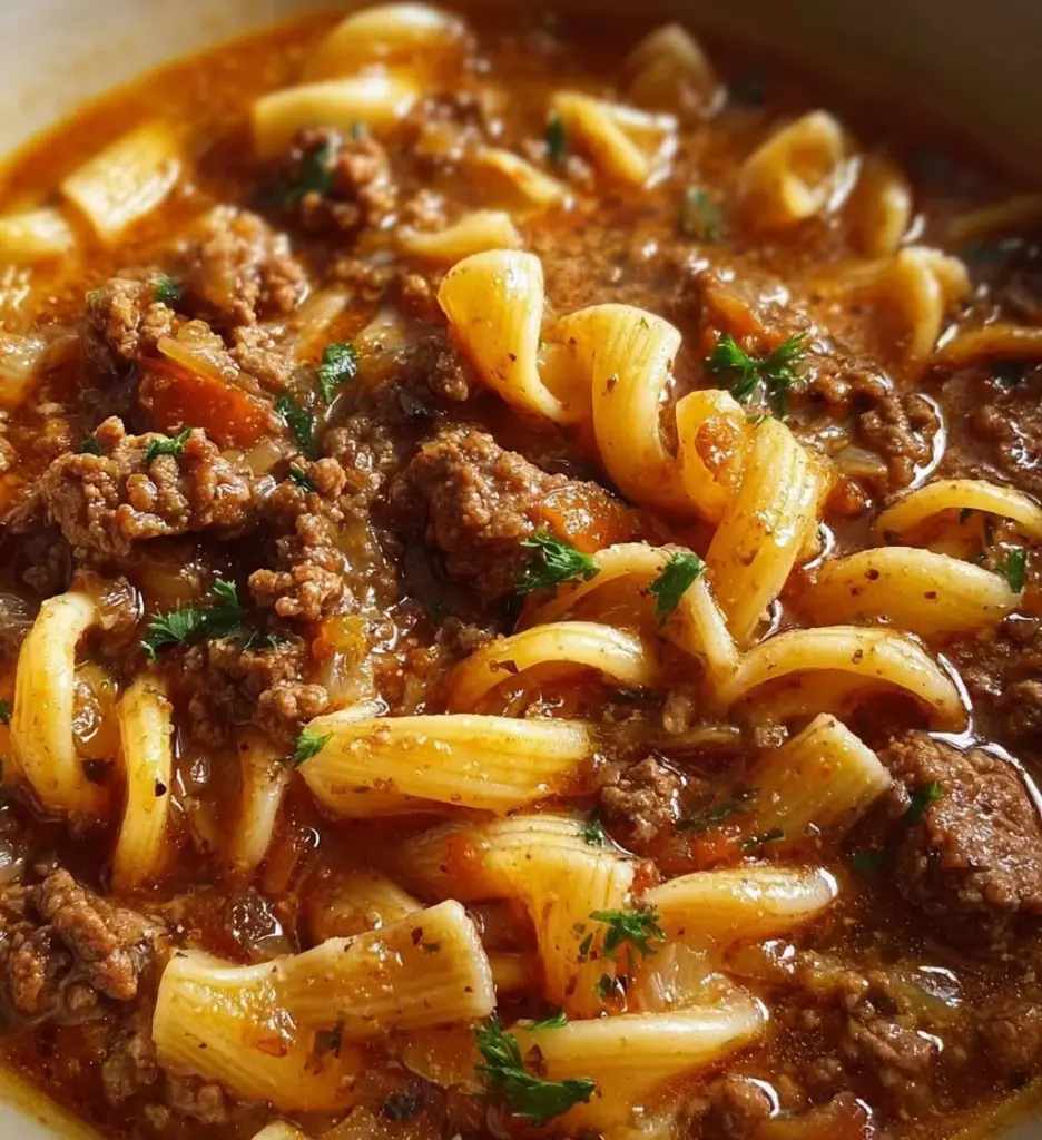 A bowl of delicious ground beef pasta soup topped with herbs and cheese