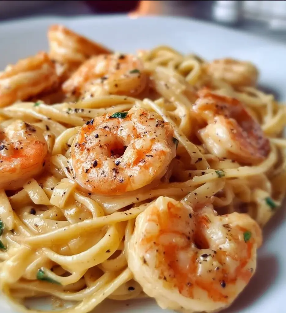 Plate of delicious shrimp pasta topped with herbs and spices.