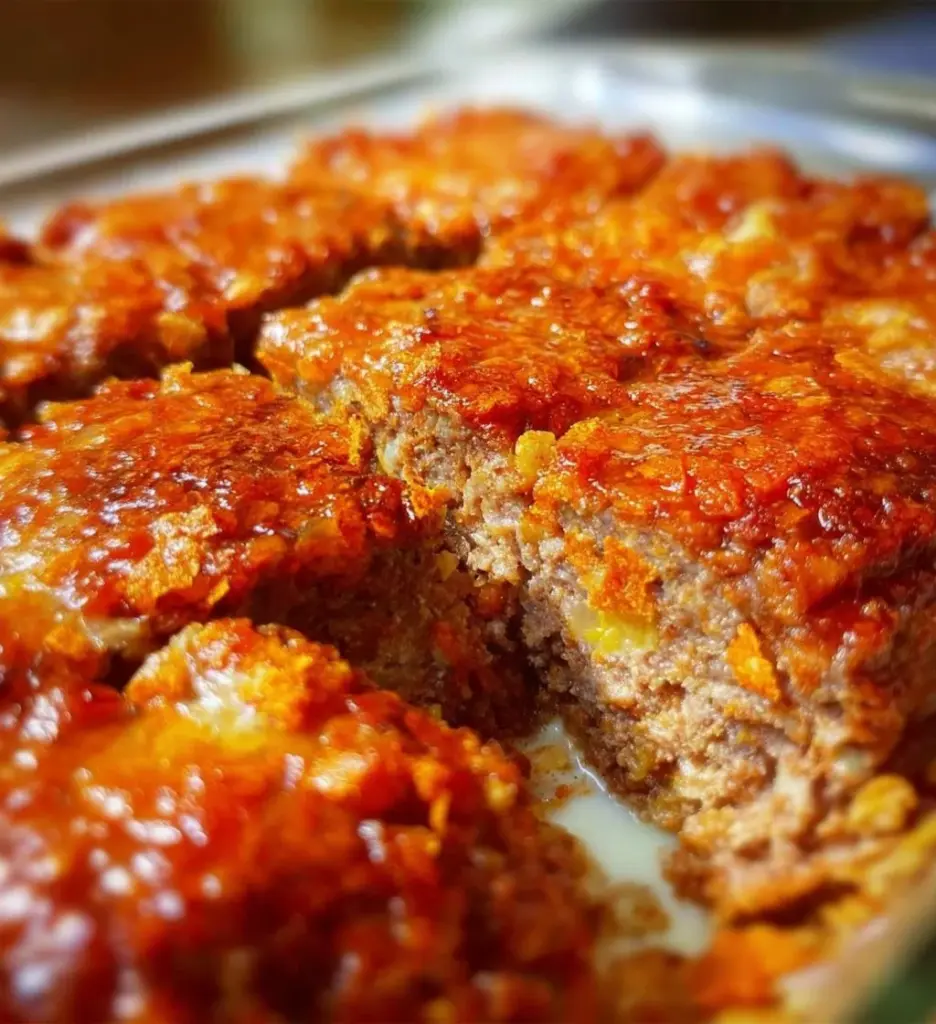 Delicious Dorito Meatloaf Casserole topped with crunchy Doritos and cheese