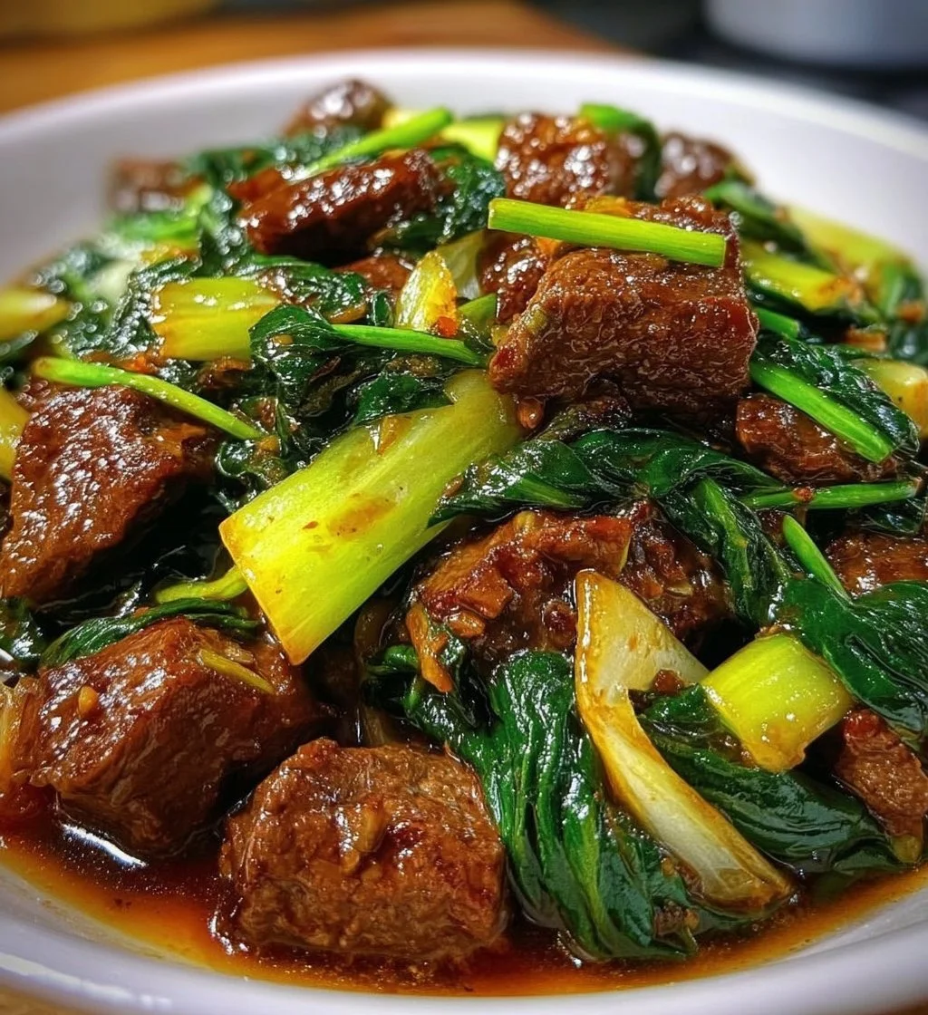 Easy Bok Choy Beef Stir Fry served in a bowl with colorful vegetables.