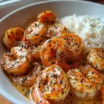 Delicious easy creamy garlic shrimp served in a bowl with herbs