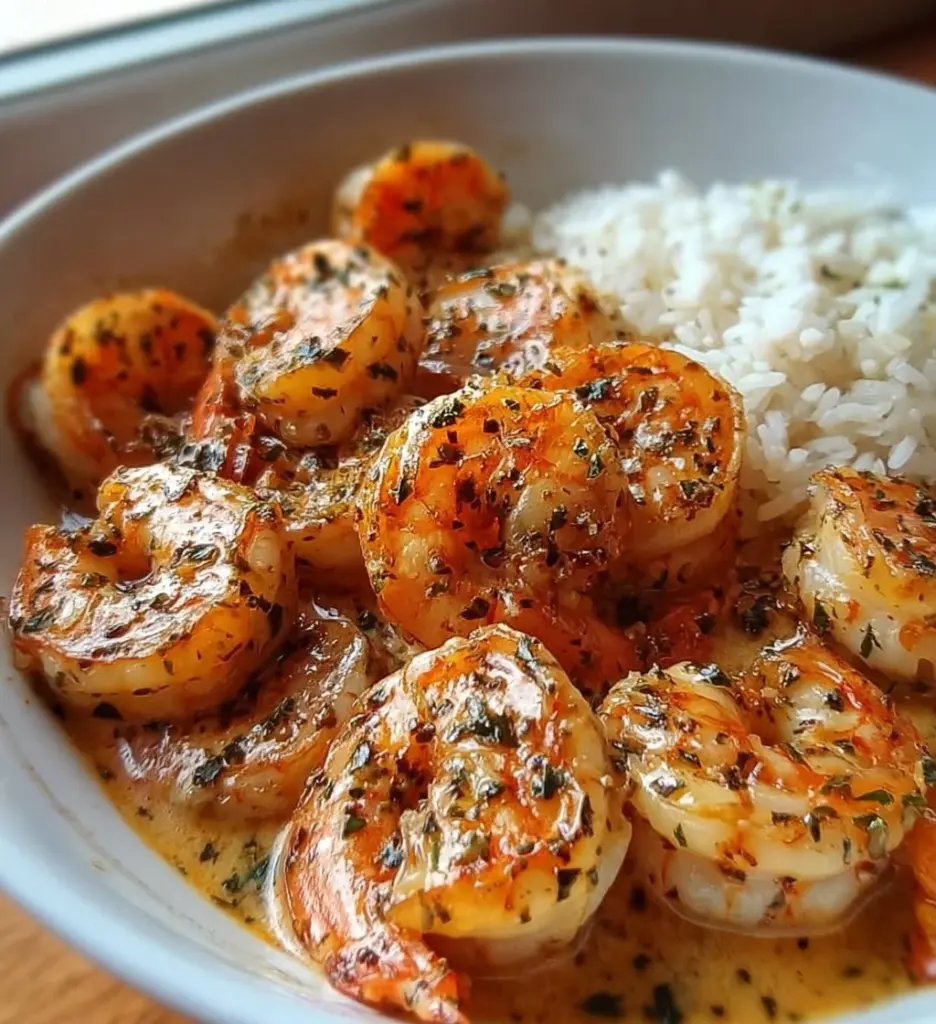 Delicious easy creamy garlic shrimp served in a bowl with herbs