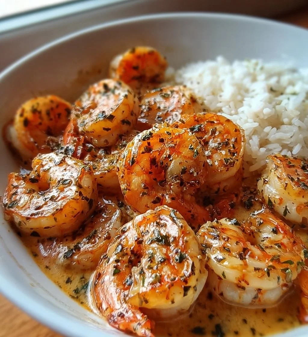 Delicious easy creamy garlic shrimp served in a bowl with herbs