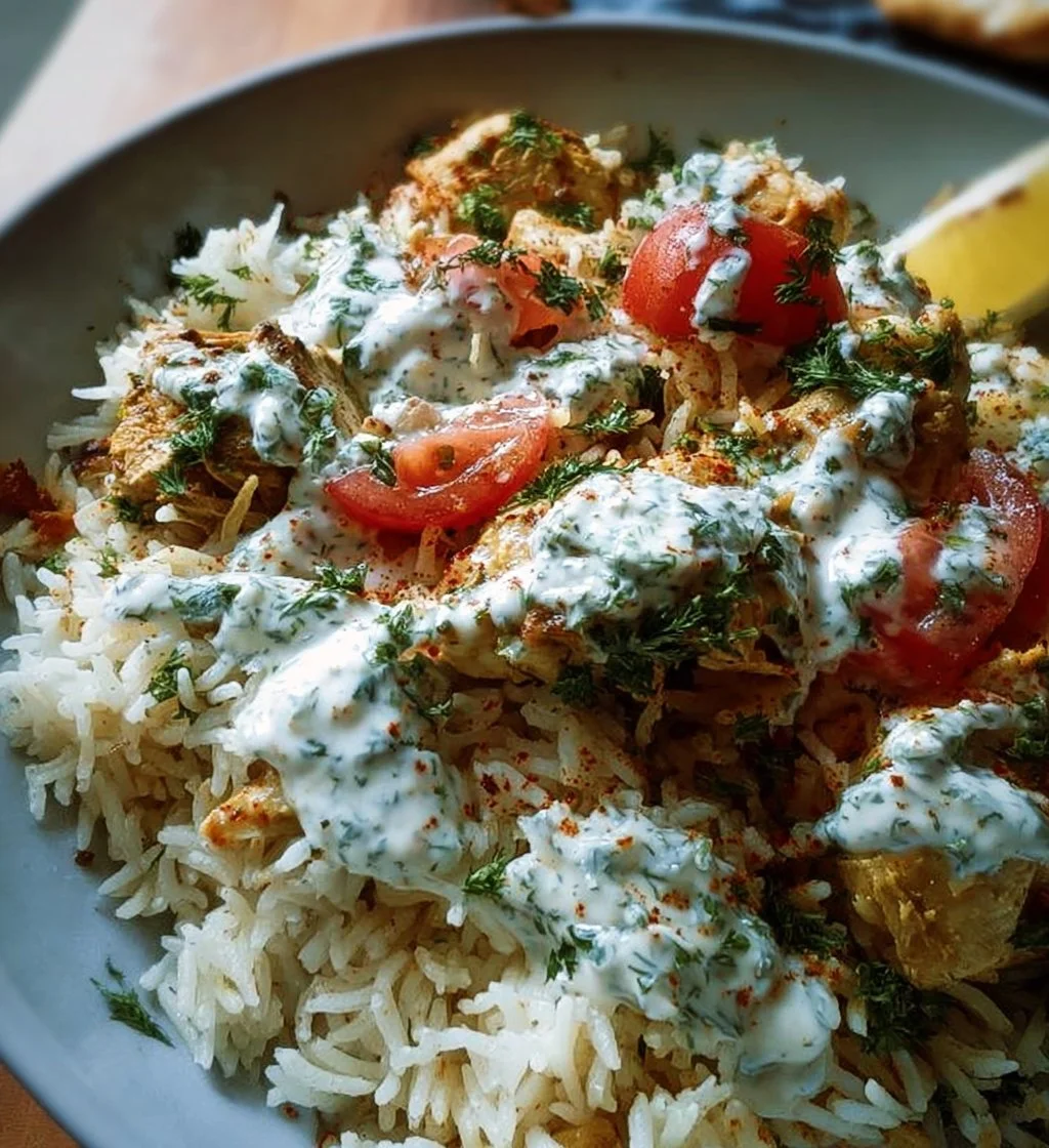 Baked chicken tzatziki rice served on a plate with fresh herbs and spices