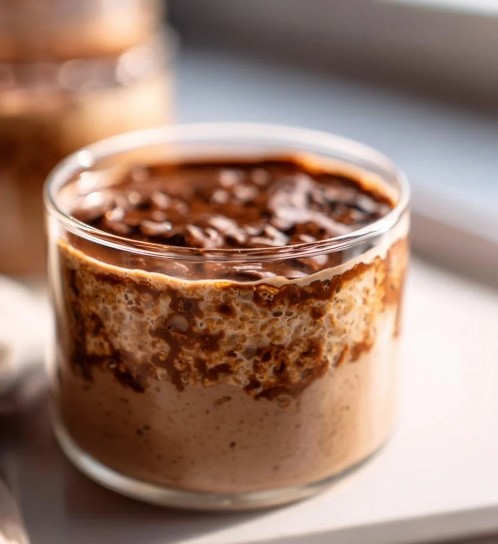 A bowl of easy Nutella overnight oats topped with fruits and nuts.