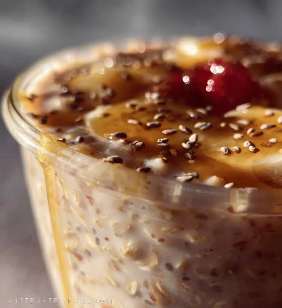 A bowl of easy overnight oats topped with fresh fruits and nuts