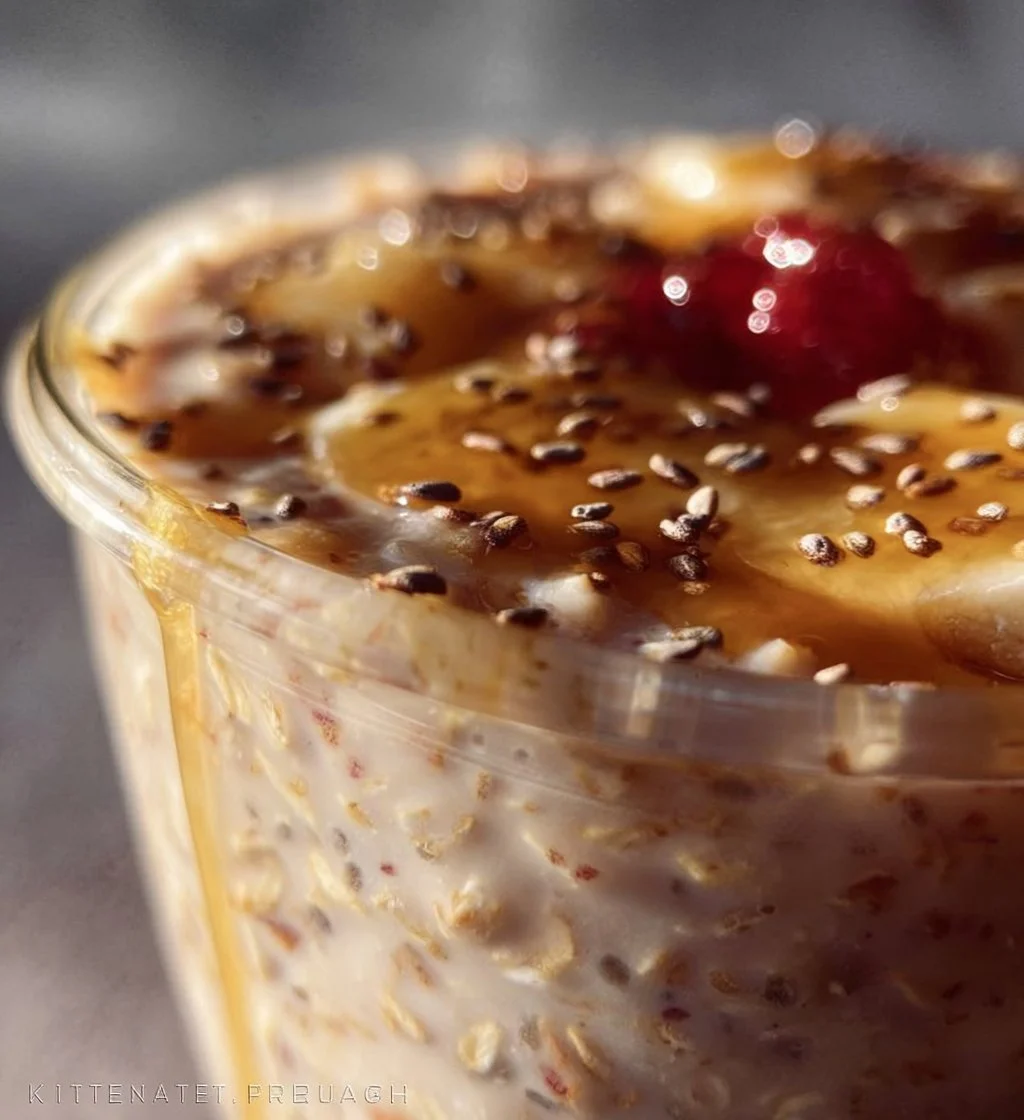A bowl of easy overnight oats topped with fresh fruits and nuts