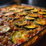 Easy vegetarian lentil zucchini bake with fresh ingredients in a baking dish