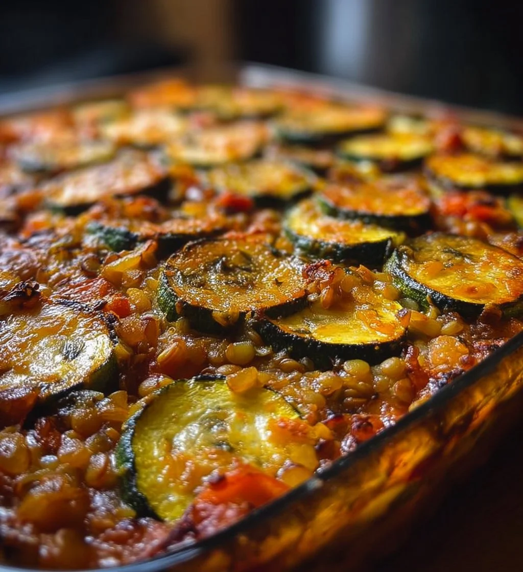 Easy vegetarian lentil zucchini bake with fresh ingredients in a baking dish