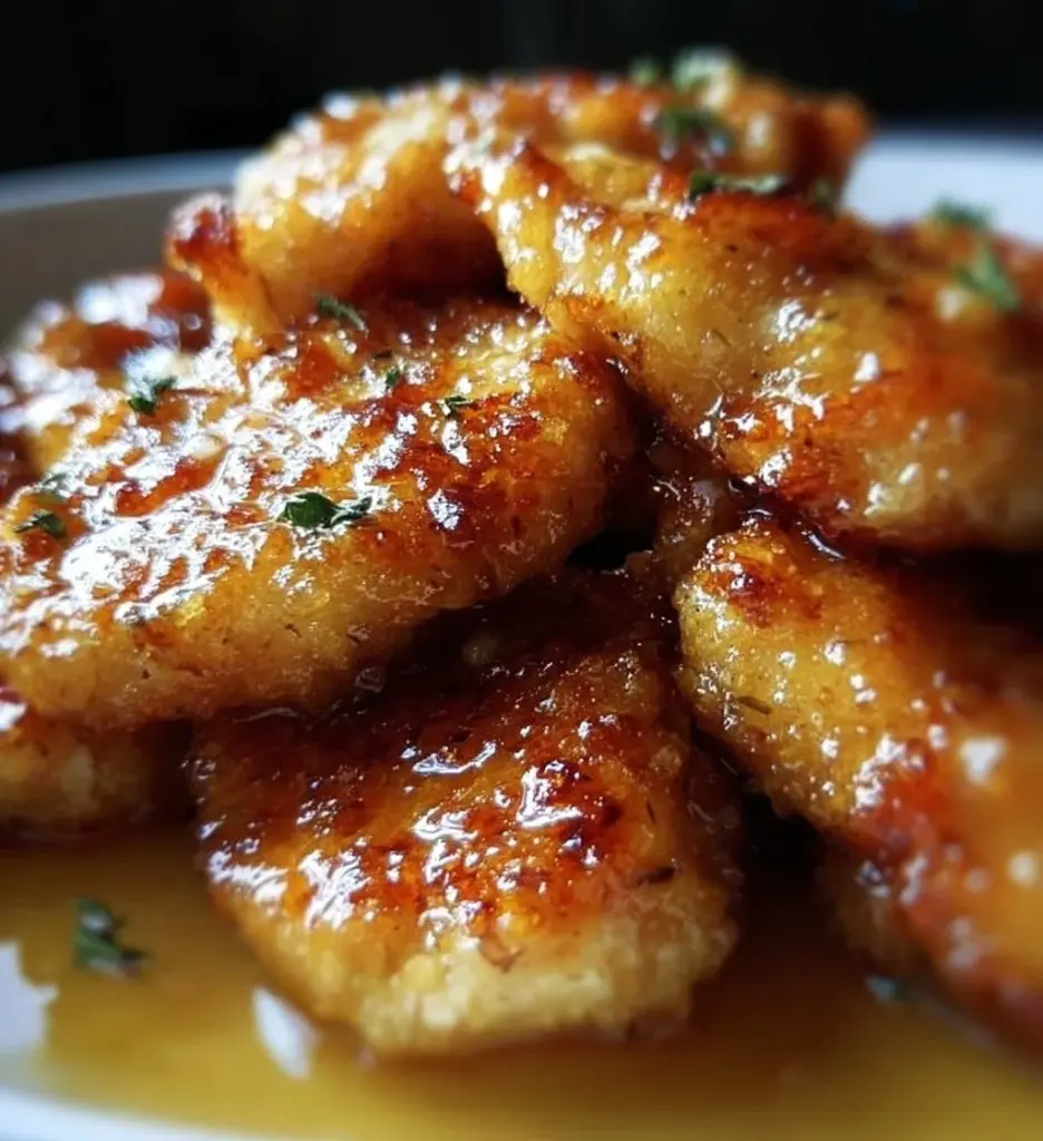 Crispy lemon pecorino chicken garnished with herbs and lemon slices