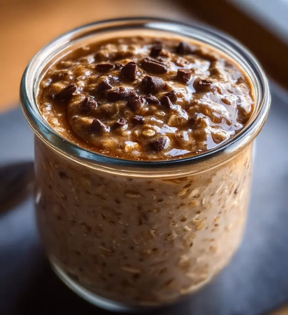 Bowl of Espresso Overnight Oats topped with coffee beans and almonds