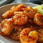 Delicious firecracker shrimp served with spicy sauce and garnishes.
