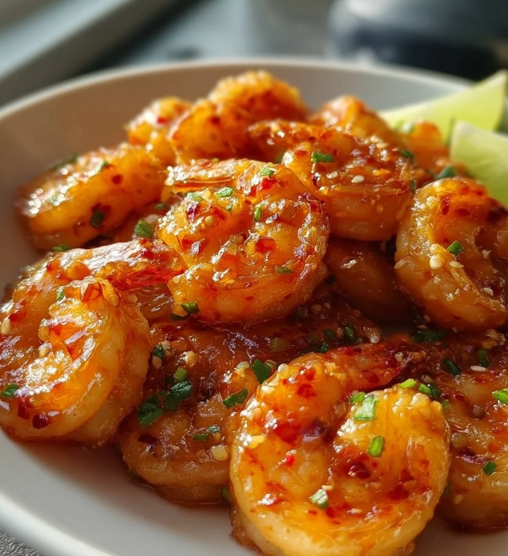Delicious firecracker shrimp served with spicy sauce and garnishes.