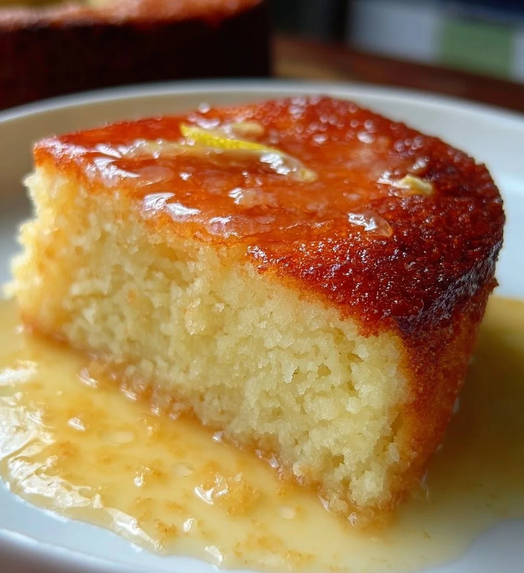 French lemon yogurt cake served on a plate with lemon slices.