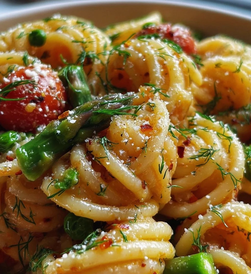 Fresh Spring Pasta Salad with colorful vegetables and herbs