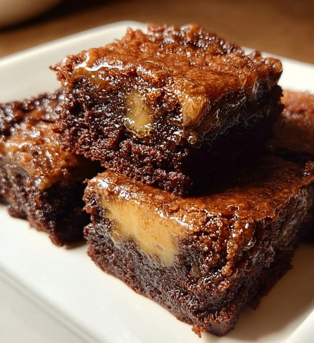 Fudgy banana bread brownies topped with chocolate chips on a wooden table